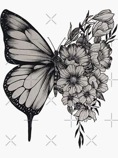 a black and white drawing of a butterfly with flowers