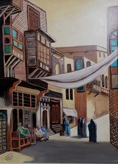 an oil painting of people sitting on benches in the middle of a street with buildings and awnings