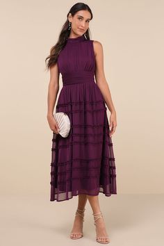 You'll always feel and look your best when you step out for the day in the Happily Sweet Purple Mock Neck Backless Midi Dress! Airy woven chiffon shapes this darling dress that features a sleeveless, lightly gathered bodice and a sophisticated mock neckline. A fitted, banded waist sits atop a breezy, A-line skirt that boasts tiers of ruffled accents as it falls to a chic midi hem. Long tying sashes secure above an open-back cutout for an ultra-alluring finish. Hidden side zipper/clasp. Fit: This garment fits true to size. Length: Mid-calf length. Size medium measures 50.5" from shoulder to hem. Bust: Great for any cup size. Waist: Fitted - very fitted at natural waist. Hip: Not Fitted - fuller skirt allows room for hips. Undergarments: May be worn with an adhesive bra, petals, or no bra. F Plum Dress Outfit, Backless Midi Dress, Gathered Bodice, Plum Dress, Darling Dress, Strapless Maxi Dress, Mini Sweater Dress, Sweater Dress Midi, Mock Neckline