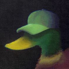 a green and yellow duck with its head turned to the side, in front of a black background