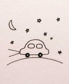 a drawing of a car driving down the road with stars and moon in the sky