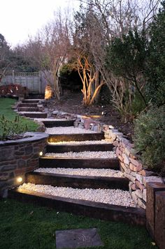 some steps that are lit up by lights in the middle of a yard with grass and trees