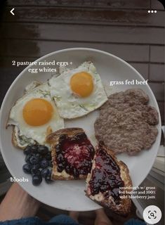 a plate with eggs, toast and fruit on it is shown in the app for people to see