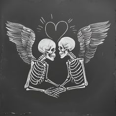 two skeletons in love with wings and a heart