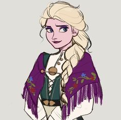 a drawing of a frozen princess with long blonde hair and blue eyes wearing a purple shawl