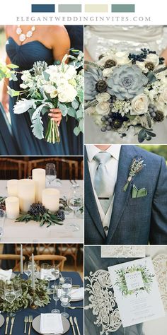 a collage of photos with flowers and greenery on them, including candles, napkins, and wedding stationery