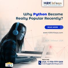 a woman wearing headphones using a laptop computer with the text why python become really popular recently?