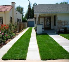 a yard with grass and flowers in front of a house