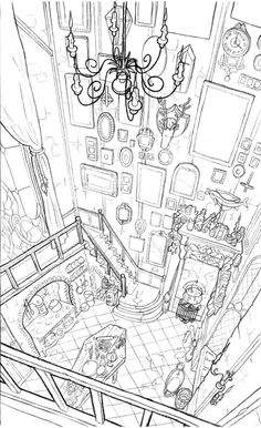 a black and white drawing of a living room with chandelier hanging from the ceiling