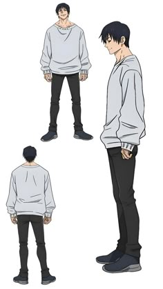 an anime character with black hair and white shirt, standing in three different positions on the same