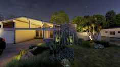 a car is parked in front of a house at night with the lights on and palm trees