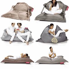 four different images of people sitting on bean bag chairs with pillows in the shape of beds