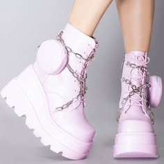 Get Ready For Your Play Date With The Soft Kink Platform Boots From Cape Robbin. These Dangerously Sweet Festival Boots Feature An All Pink Vegan Leather Outer With Lace-Up Front, Silver-Tone Chain Details, Round Zipper Ankle Pouch, And Interior Zipper Closure. You Won’t Need To Say Please With These Cute Boots. * 4 1/2" Platform * Ankle Boot * Lace-Up Front & Interior Zipper Closure * Silver Tone Chain Detail * Round Zipper Pouch * Chunky Tread Bottom * Pink Baby Pink Ankle Boots, Cute High Heel Boots For Kids, Silver Synthetic Boots With Round Toe, Kawaii Platform Shoes, Pastel Platform Boots, Round Zipper Pouch, Pink Platform Boots, Studded Combat Boots, Festival Boots