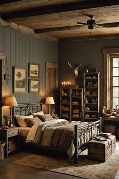 a bed room with a neatly made bed next to a window and two lamps on either side of the bed