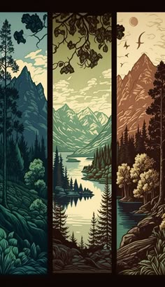 four paneled art work depicting mountains and trees