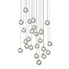 a group of silver balls hanging from a ceiling