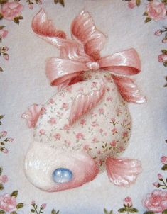 a painting of a stuffed animal with a pink bow