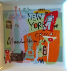 a tray with an image of new york and the words manhattan in different languages on it