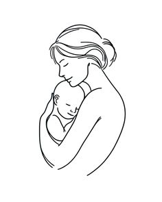 a black and white drawing of a woman holding a baby in her arms, with the outline