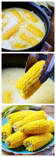 corn on the cob being cooked in a skillet and then served with butter