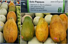 there are two pictures of papayas in the store