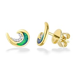 14K Yellow Gold Ocean Swell Stud Earrings with Opal Inlay and 0.05 Carats (total weight) of Diamonds. The earrings measure approximately 3/8". Opal Stud Earrings, Beautiful Stud Earrings, Opal Earrings Stud, Opal Studs, Fine Jewels, Hawaii, Opal, Diamonds, Yellow Gold