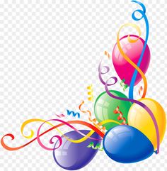 colorful balloons with streamers and confetti on the bottom, transparent background png