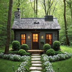 a small cabin in the woods with steps leading up to it's front door