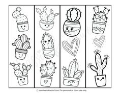 Kawaii cactus bookmarks to color free printable Hello Kitty Bookmarks Free Printable, Free Printable Bookmarks Templates Design, Bookmarks Free Printable, Cactus Bookmark, Printable Coloring Bookmarks