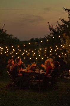 a group of people sitting around a dinner table with lights strung from the trees in the background