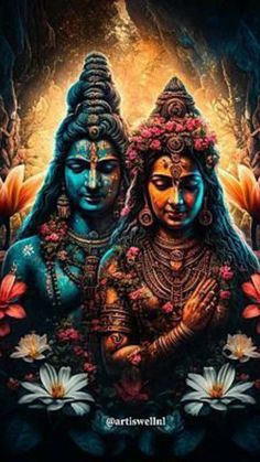 two deities standing next to each other with flowers in front of them on a black background