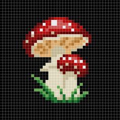 a cross stitch pattern with a red mushroom on it's head and green leaves in the foreground