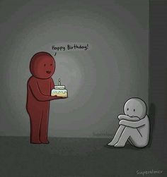 a cartoon character holding a birthday cake with the caption happy birthday to someone else