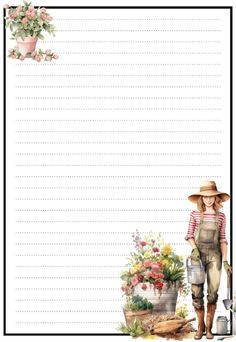 a watercolor drawing of a woman with flowers and gardening equipment in front of a lined paper