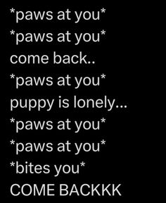 a black and white quote with the words paws at you paws at you come back