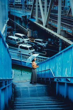 a woman with an umbrella is standing on the steps in front of some parked cars