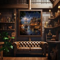 a living room filled with furniture and a painting on the wall