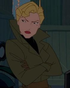 an animated image of a woman in a trench coat with her hands on her hips