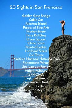 a person standing on top of a rock next to the ocean with words above it