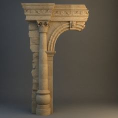 an old stone column with carvings on the top and bottom, against a gray background