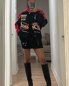 Oversized Nascar Jacket Outfit, Red Nascar Jacket Outfit, Nascar Themed Outfit, Racer Jacket With Skirt, Race Car Driver Jacket Outfit, Vintage Racer Jacket Outfit Women, Style Racing Jacket, Graphic Jacket Street Style, Race Car Jackets Outfits