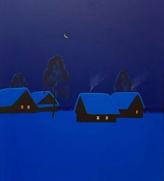 a painting of some houses in the snow at night with a full moon behind them