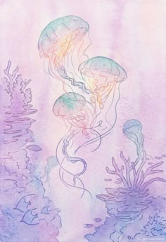 an artistic drawing of jellyfish in the water