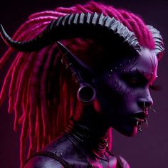 a woman with pink hair and horns on her head, wearing black makeup in front of a dark background