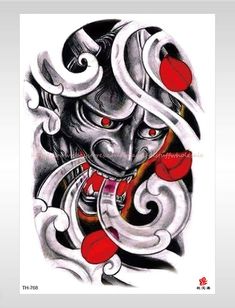 an artistic tattoo design with red eyes and white hair on the head, in grey ink