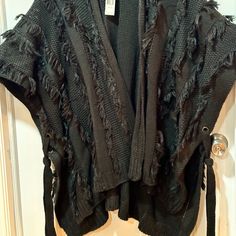 Rebecca Minkoff Shawl Wrap Sweater With Woven Fringed Detail And Side Ties. Feminine, Fun, And Flirty. Guaranteed To Keep You Warm And Cozy While Looking Sophisticated And Fashionable. One Size Fits All Frankenstein Fashion, Sweater Wrap, Shawl Sweater, Black Shawl, Shawl Wrap, Wrap Sweater, The Egg, Frankenstein, Rebecca Minkoff