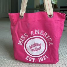 New Miss America Crown Logo Pink Tote Bag Canvas Straps With Metal Grommet Details Flaw: Faint Blue Stain On Front And On Inside Not That Noticeable But Wanted To Point It Out, See Pics Fans Of The Original Miss America Logo Will Live This! Makes A Great Gift For Your Pageant Titleholder, Director Or Parent. Miss America Crown, America Logo, Pink Tote Bag, Logo Pink, Crown Logo, Blue Stain, Pink Tote Bags, Miss America, Pink Tote