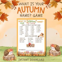 an autumn name game with hedges and leaves on the tree branch in the background