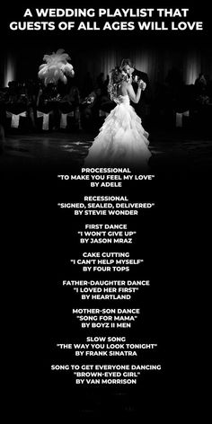 an advertisement for the wedding playlist that is in black and white