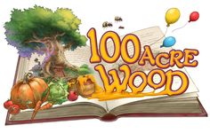 an open book with the words 100 acre wood on it and balloons floating around